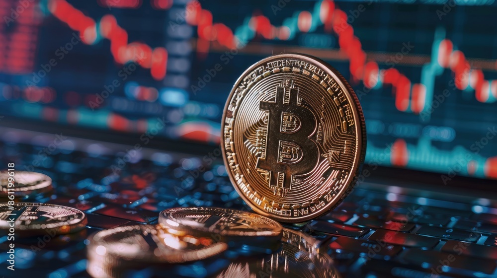 Poster bitcoin coin with a background of multiple cryptocurrency price charts