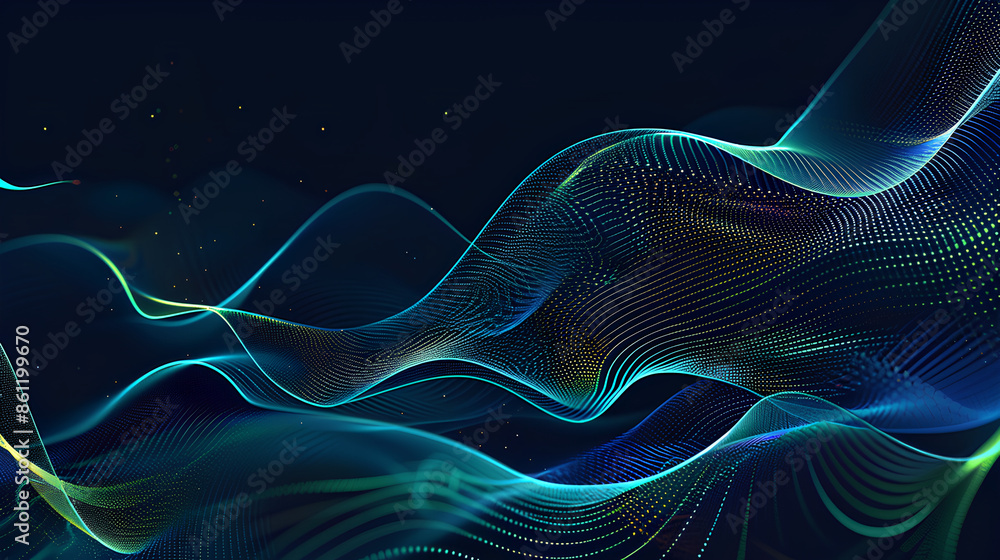 Poster vector abstract light lines wavy flowing dynamic in blue green colors isolated on black background f
