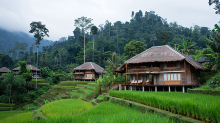 Obraz premium Wooden house at tropical terraces and fresh green paddy field