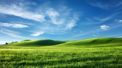 Fototapeta premium Green valley grass, meadow land and cloudy blue sky. horizontal, copy space background. 