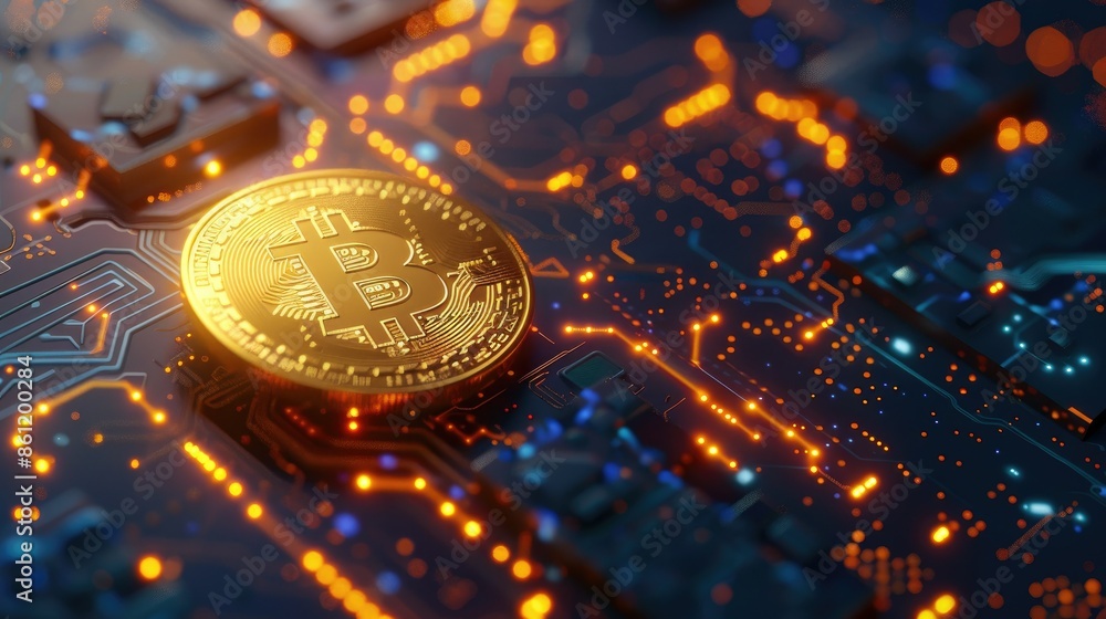 Poster bitcoin gold coin on a digital background with blockchain symbols, highlighting crypto technology
