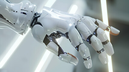 White cyborg finger about to touch human finger 