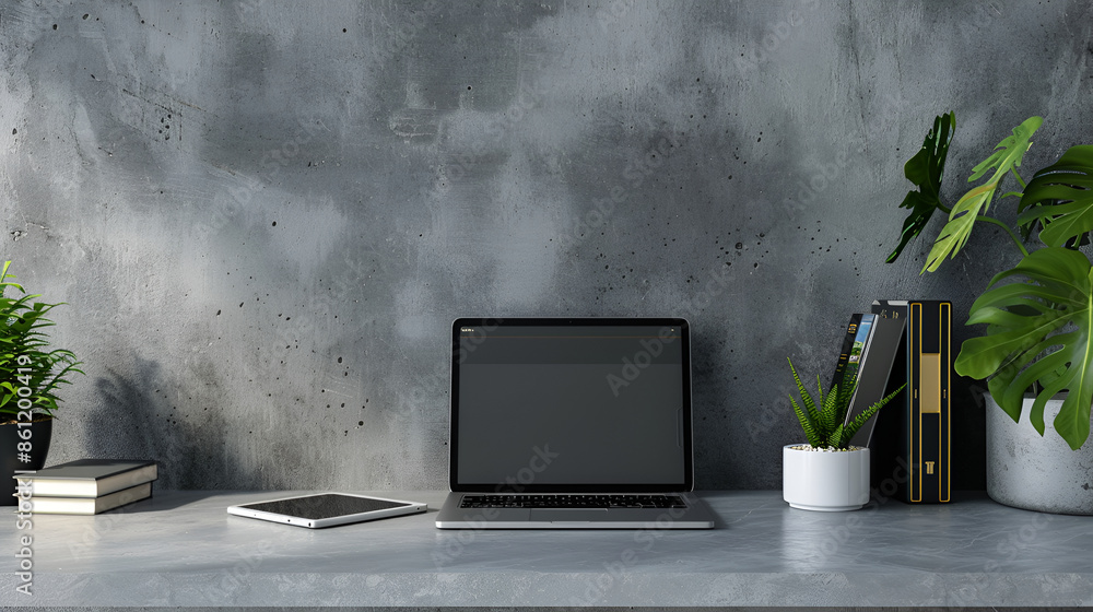 Poster modern workplace with computer, supplies and decorations on wooden background. 3d rendering,workspac