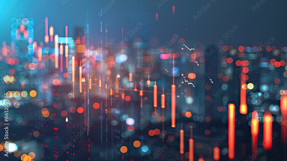 Aufkleber blurry city backdrop with illuminated forex candlestick chart and data points