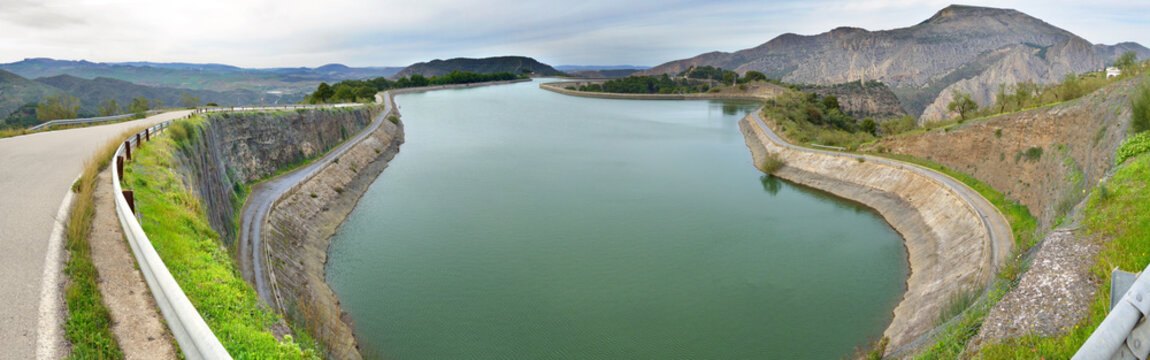 Upper reservoir of a pumped storage hydropower facility in Southern Spain; near El Chorro, Malaga province, Spain