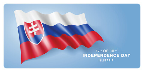 Slovakia independence day vector banner, greeting card. Slovakian wavy flag in 17th of July patriotic holiday horizontal design with realistic flag