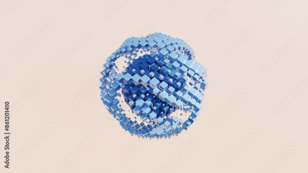 Poster abstract 3d animation of sphere composed of blue and cyan cubes for modern geometric design and dyna