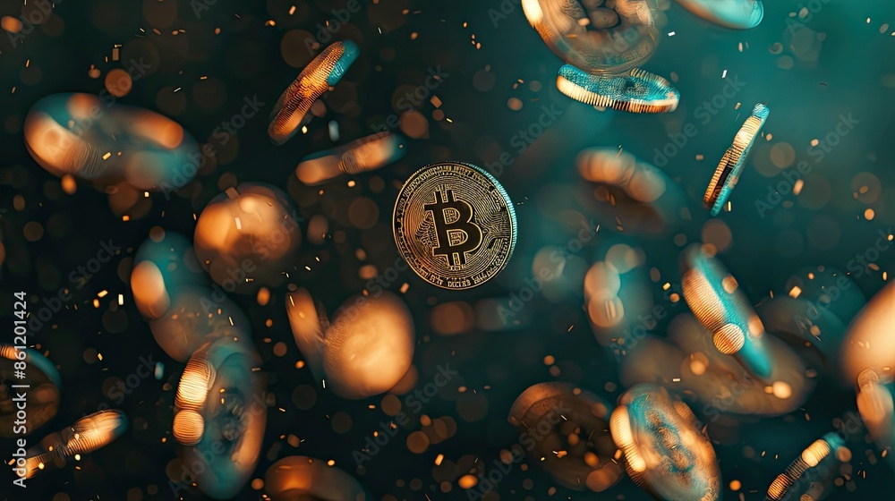 Poster falling bitcoin coins with a blurred motion effect on a dark background