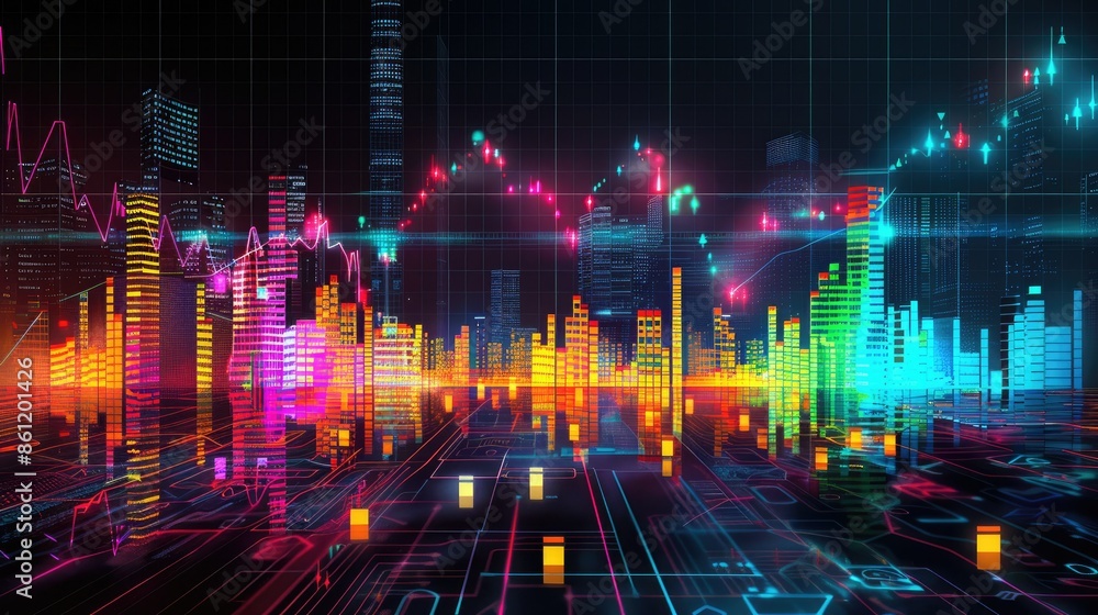 Poster dynamic stock market trading display with a vibrant array of colorful charts