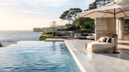 Fototapeta premium Beach chair on swimming pool, hotel. Summer holiday advertising travel concept, banner. copy space. Mockup.