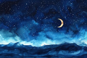 Dreamy watercolor night sky with crescent moon and stars over blue mountains. Serene and mystical landscape illustration.