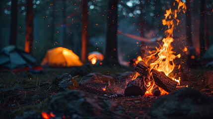 Burning fire in forest on tents background at night