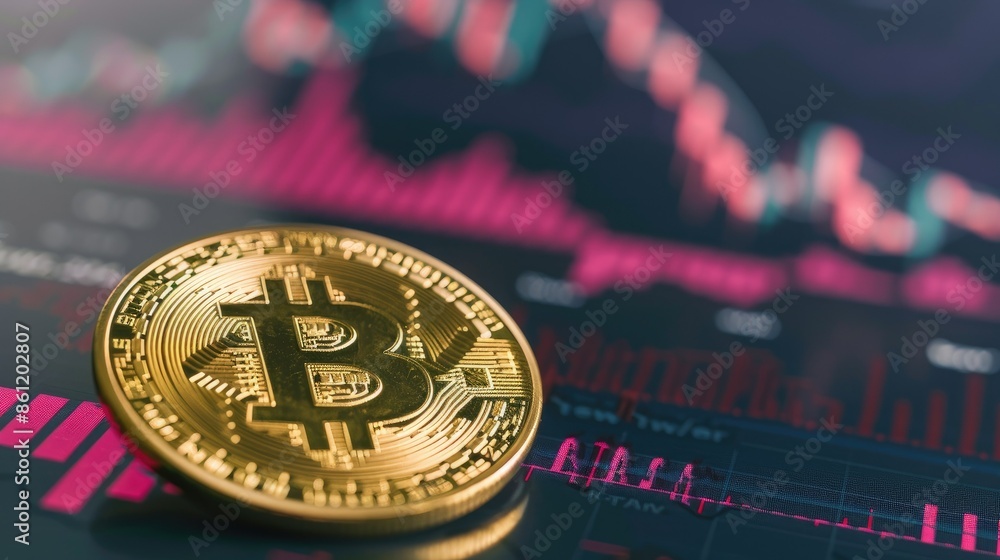 Aufkleber golden bitcoin placed on top of a price chart with financial graphs in the background