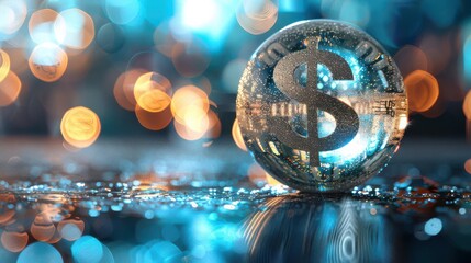 Crystal ball filled with glitter and dollar signs, investment, sparkling foresight