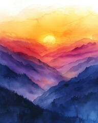 Fototapeta premium Vibrant watercolor painting of a sunset over layered mountain peaks, blending warm and cool hues ly in a picturesque landscape.