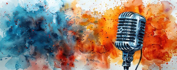 Vintage microphone with colorful watercolor splash background. Creative art image representing music, podcast, or broadcasting themes.