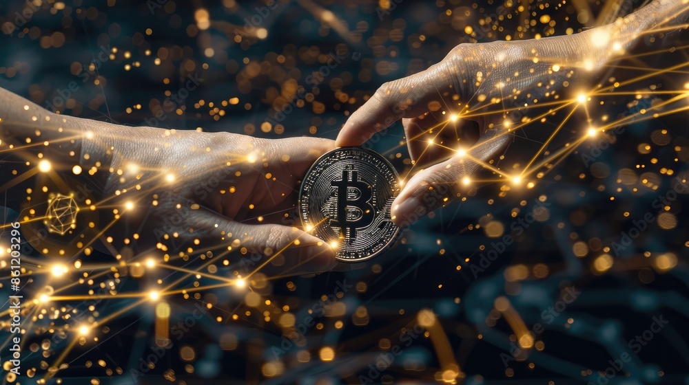 Poster hands exchanging a bitcoin coin, illustrating peer-to-peer cryptocurrency transactions