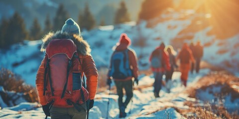 Fototapeta premium Adventurous Woman Hiking in a Mountain Landscape at Dawn During Winter, Ideal for Travel and Outdoor Activities. High-Resolution Wallpaper for Nature Enthusiasts and Adventure Seekers.
