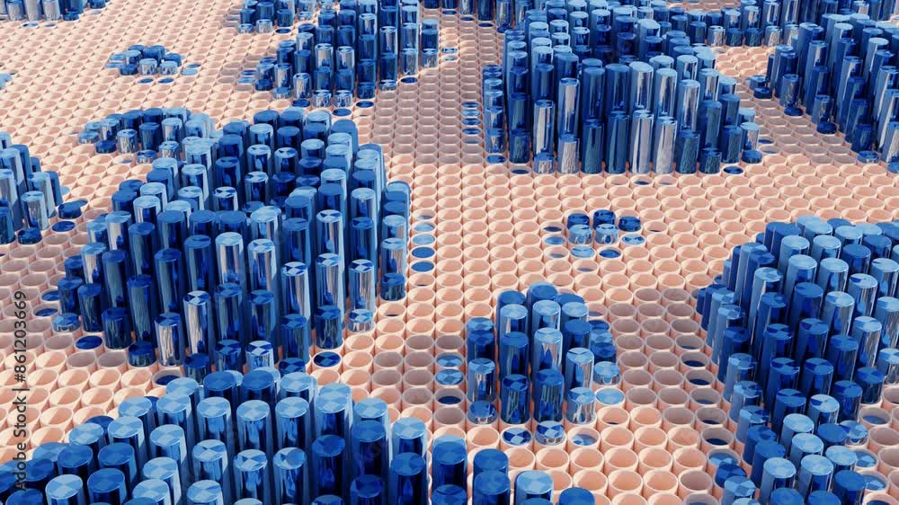 Aufkleber abstract 3d animation of blue and cyan cylinders emerging from peach holes for modern geometric desi