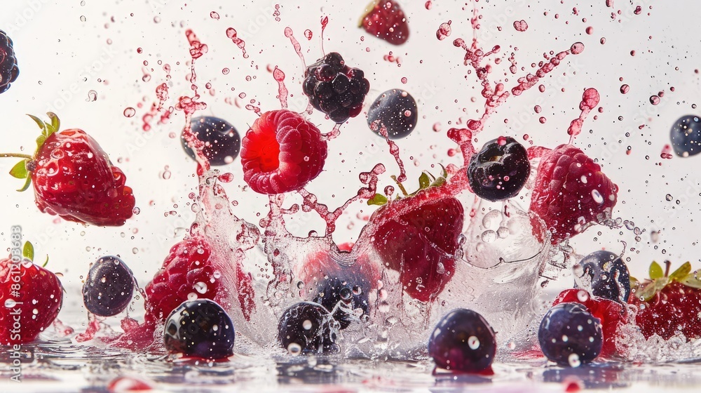Poster mix of ripe berries creating dynamic splashes of juice on a neutral white backdrop