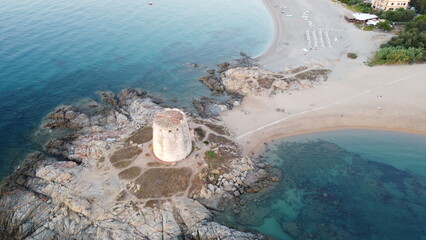 drone shot of torrre di bari in barisardo sardegna, sardinia italy