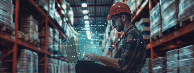 Warehouse Technician Analyzing Data on Laptop with Holographic Interface. Concept of Digital Transformation in Inventory Management. Background of Advanced Technology.