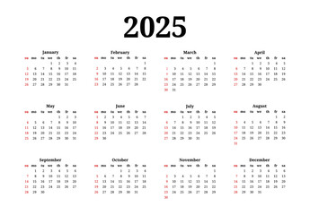 Calendar for 2025 isolated on a white background