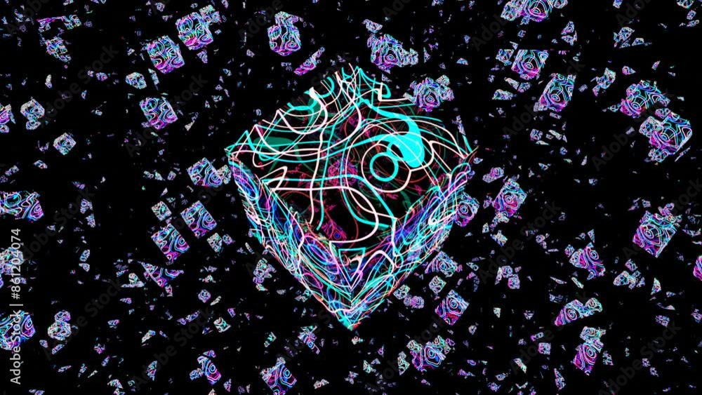 Aufkleber abstract 3d animation of neon-colored cube in dark space for modern geometric design and dynamic mot