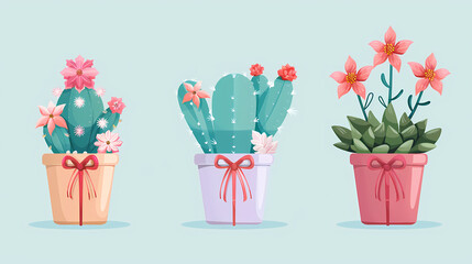 Three potted plants with pink flowers and bows on the pots. The plants are on a light blue background.