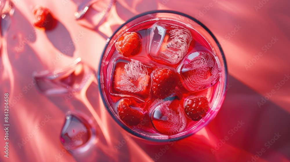 Poster refreshing red drink with floating berry slices and ice cubes, viewed from above