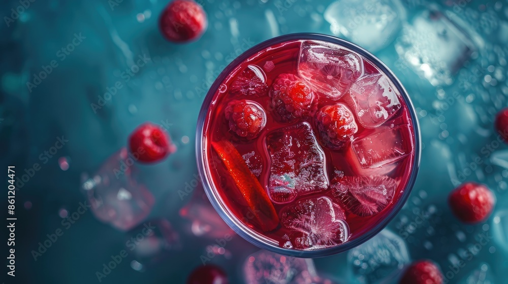 Poster refreshing red drink with floating berry slices and ice cubes, viewed from above