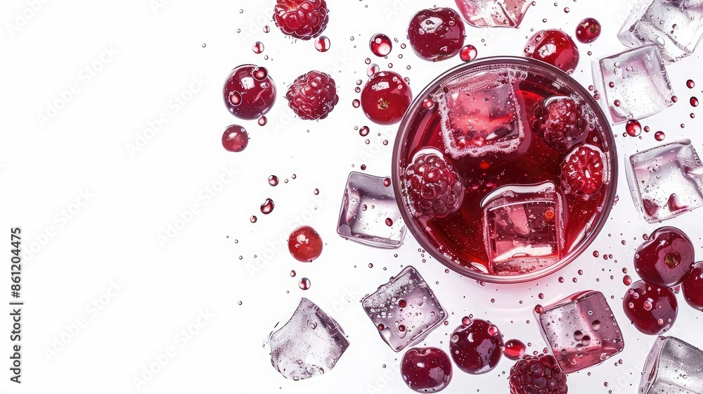 Poster refreshing red drink with floating berry slices and ice cubes, isolated on a white background