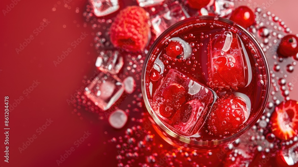 Poster refreshing red drink with floating berry slices and ice cubes, viewed from above