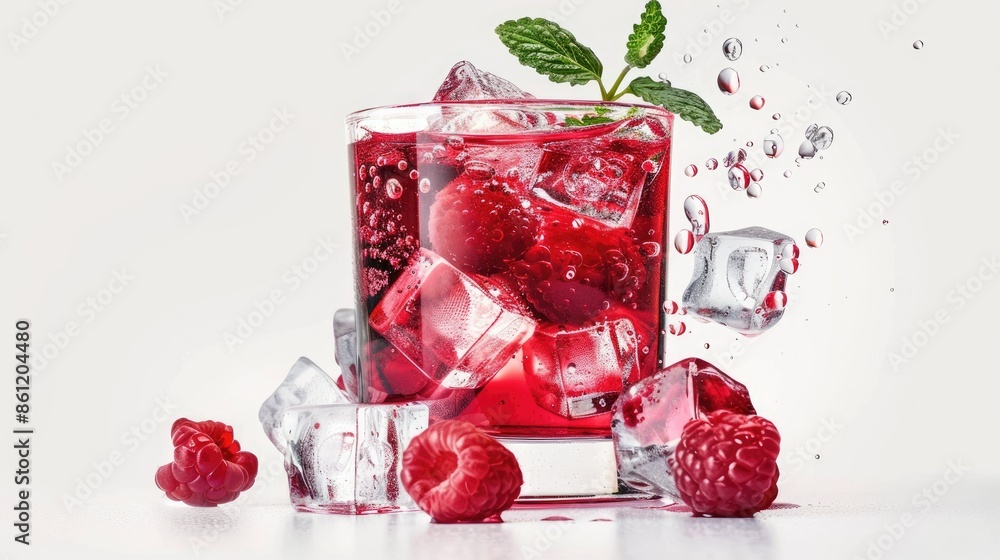 Poster refreshing red drink with floating berry slices and ice cubes, isolated on a white background