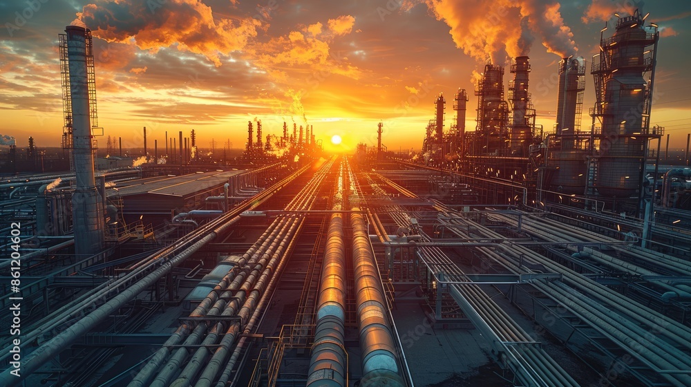 Aufkleber industrial complex with pipes in daylight near sunrise on backdrop of cloudy sky. generative ai.