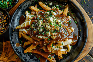 A plate of food with gravy and cheese on top