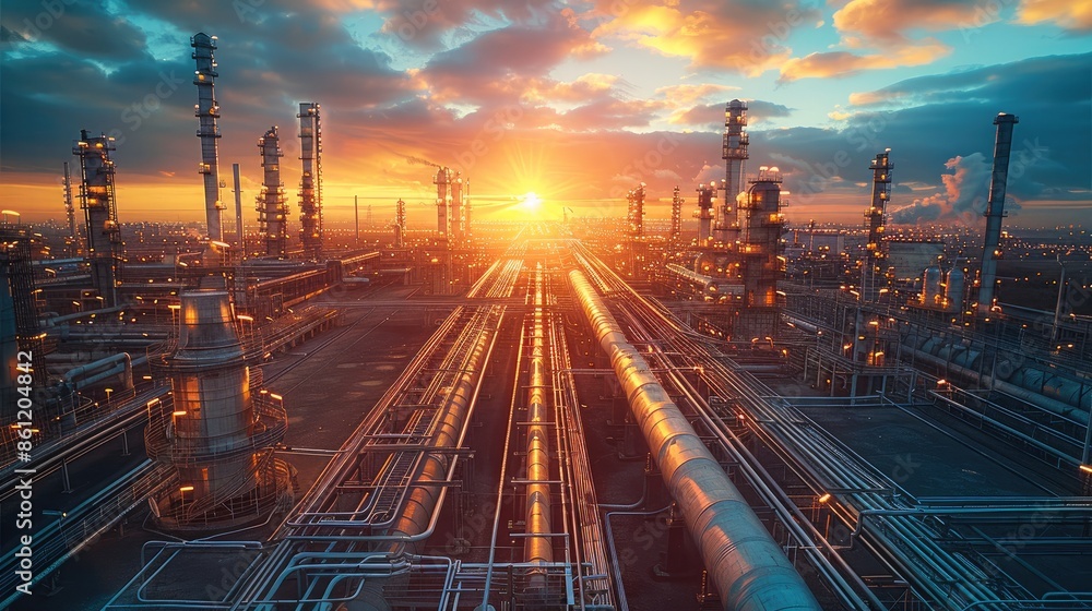Aufkleber industrial complex with pipes in daylight near sunrise on backdrop of cloudy sky. generative ai.