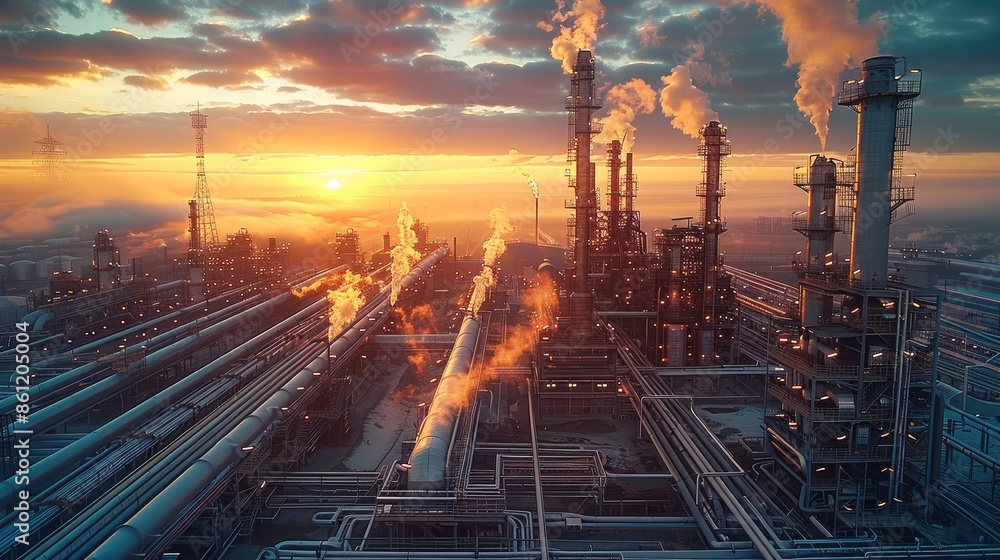Poster industrial complex with pipes in daylight near sunrise on backdrop of cloudy sky. generative ai.