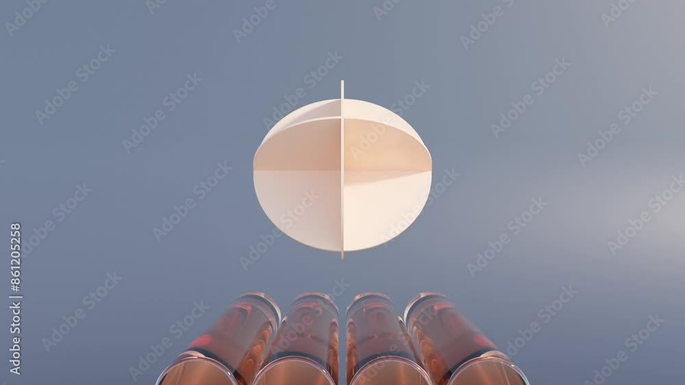 Poster abstract 3d animation with interlinked peach-colored circular plates on dark background for modern g
