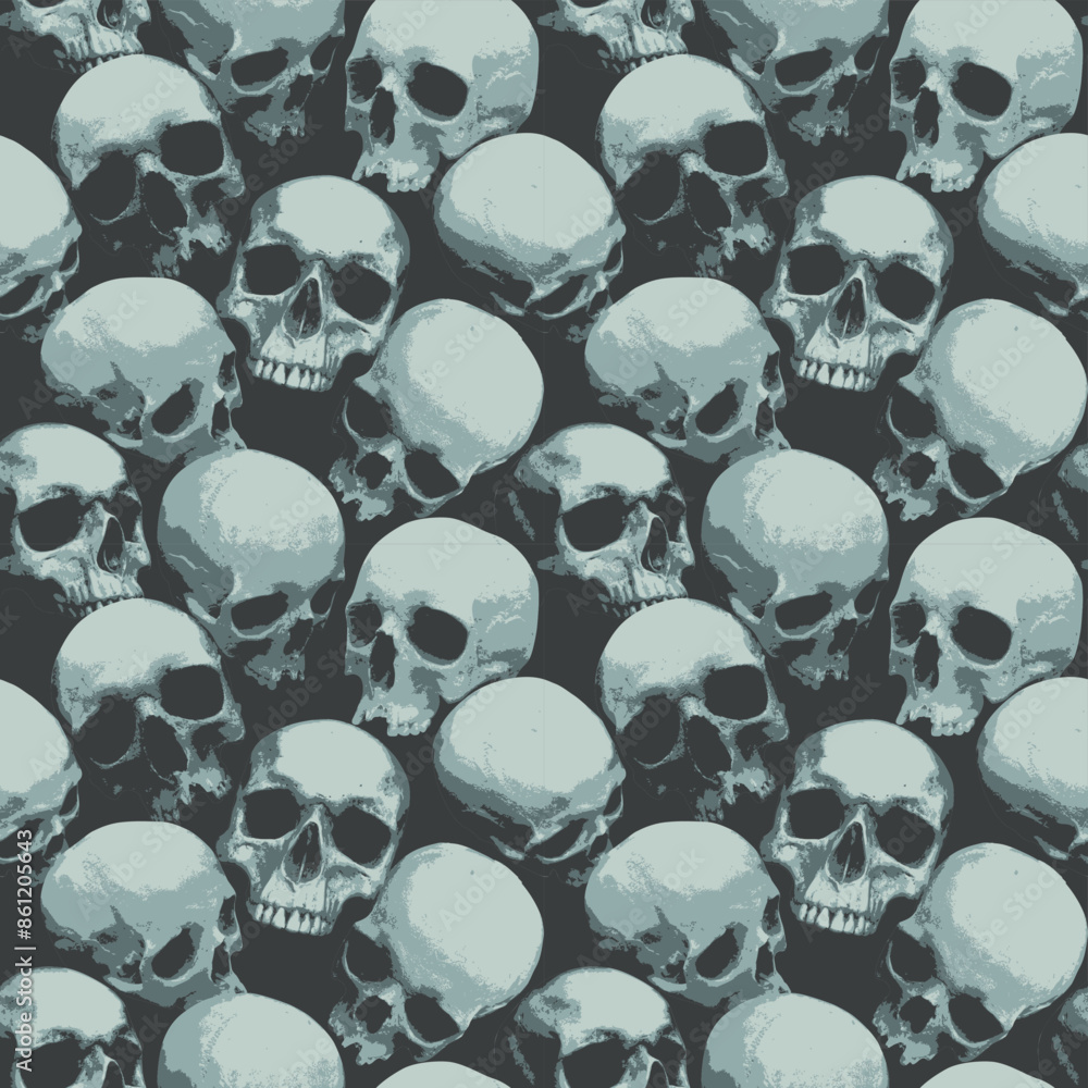 Poster seamless pattern with human skulls with grunge texture. vector background with sinister smiling skul