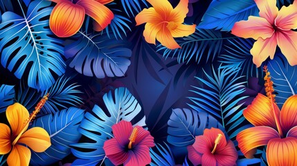 Vibrant tropical floral pattern featuring colorful hibiscus flowers and lush leaves on a dark background, perfect for summer or exotic designs.