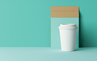 A white coffee cup is on a table next to a brown envelope
