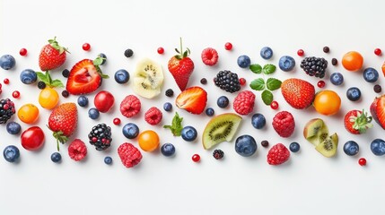 Top-down composition of various fresh fruits and colorful berries isolated for culinary inspiration