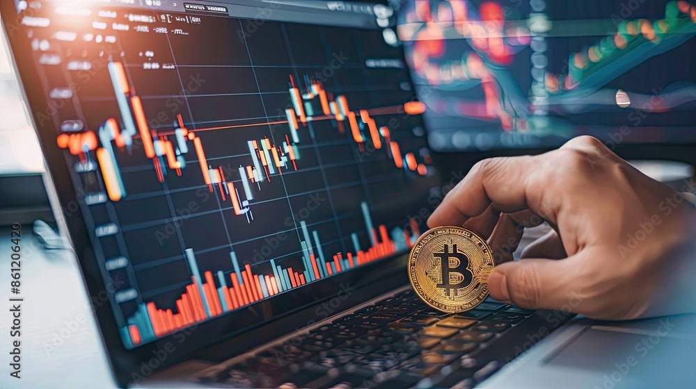 Aufkleber trader looking at a bitcoin price chart on a laptop screen