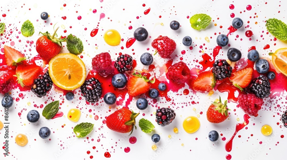 Poster various succulent berries and splashes of juice forming a refreshing pattern on a clear white backdr