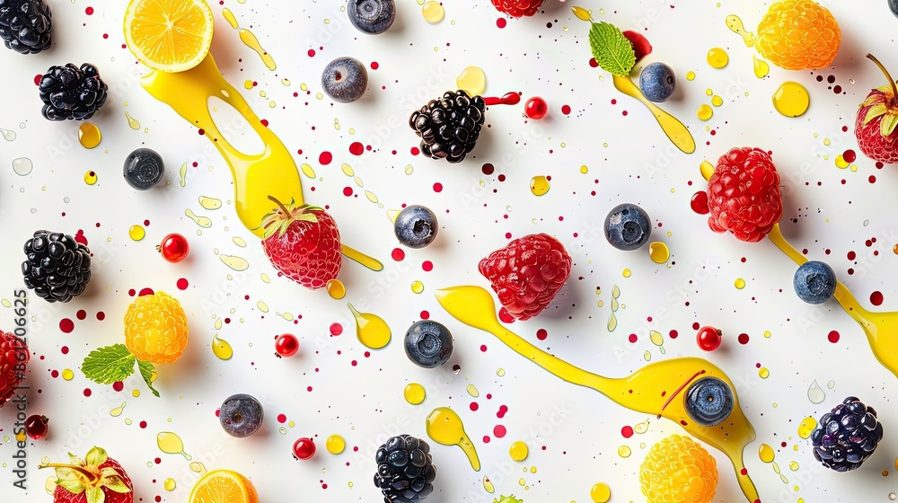 Poster various succulent berries and splashes of juice forming a refreshing pattern on a clear white backdr