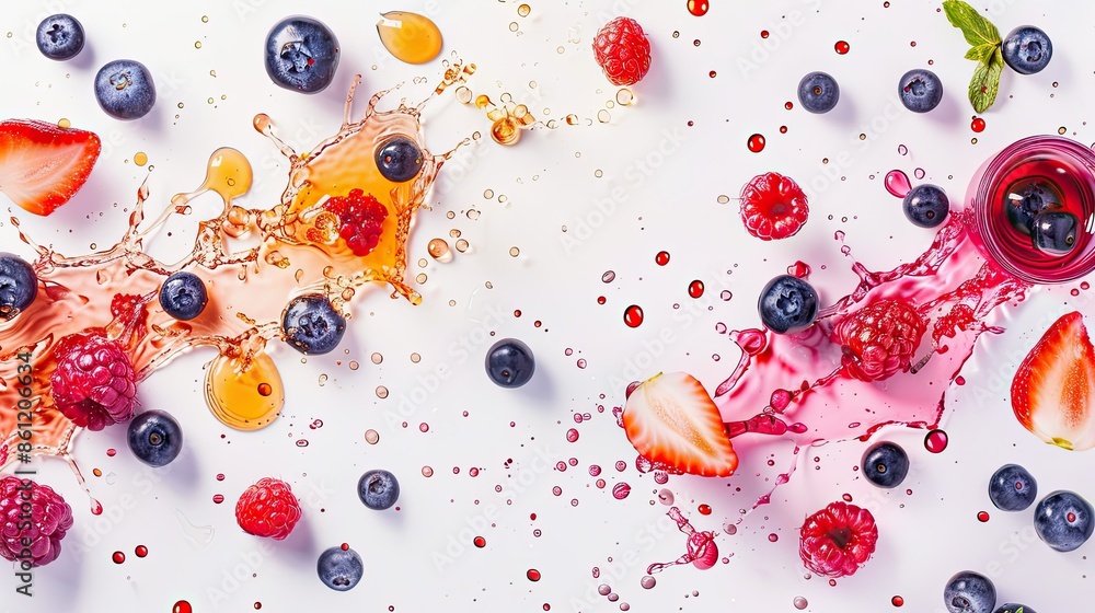 Poster various succulent berries and splashes of juice forming a refreshing pattern on a clear white backdr