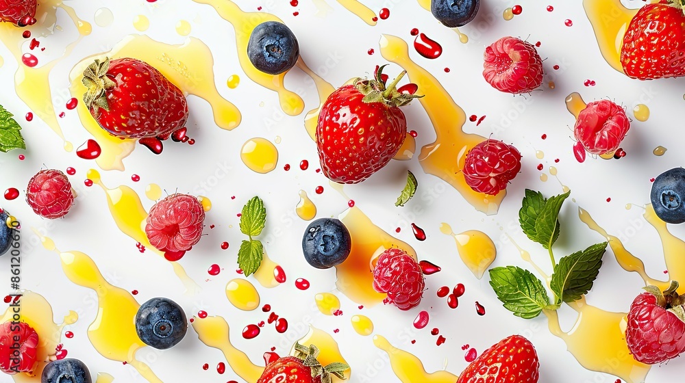Poster various succulent berries and splashes of juice forming a refreshing pattern on a clear white backdr