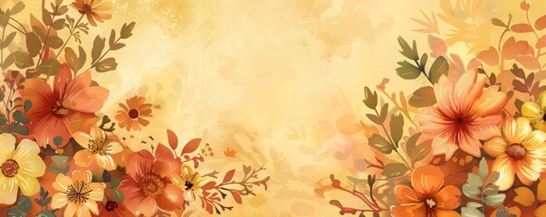 Beautiful golden floral background with vibrant blossoms and leaves, perfect for seasonal themes and decorative designs.