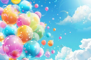 Cheerful sky with colorful balloons carrying congratulatory messages and school symbols, creating a festive graduation party atmosphere. Generative AI